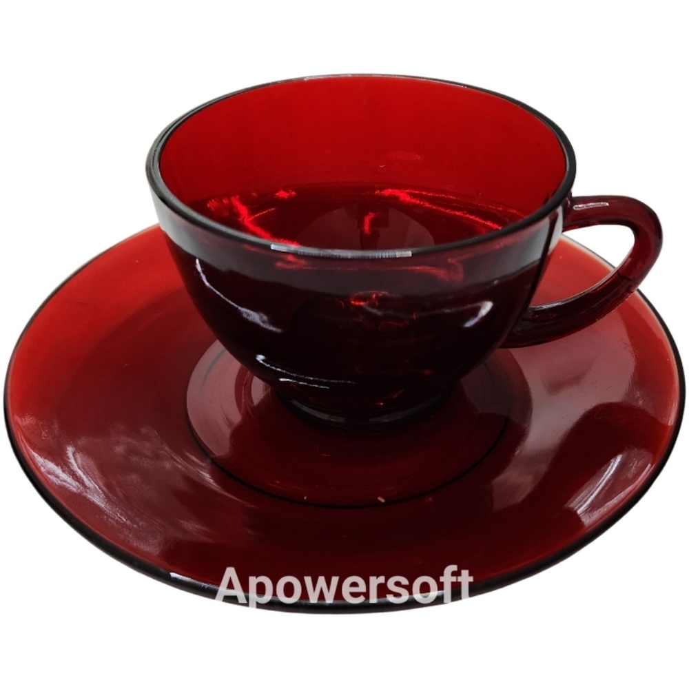 Antique Ruby Red Depression Glass Coffee Cup w Saucer, Set of 4 - Picture 2 of 6
